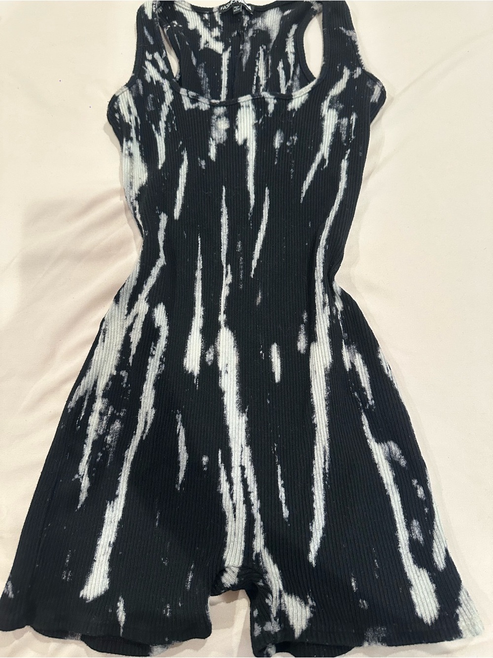 Fashion Nova Black & White Tie-Dye Ribbed Romper